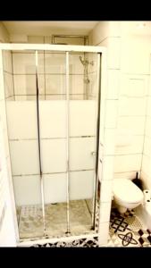La salle de bains est pourvue d'une douche et de toilettes. dans l'établissement Le Moment Bleu, à Strasbourg