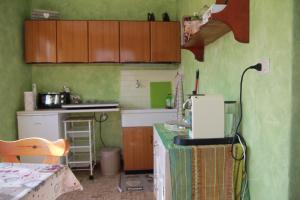 eine Küche mit grünen Wänden und Holzschränken in der Unterkunft Le tre sorelle in Valsolda