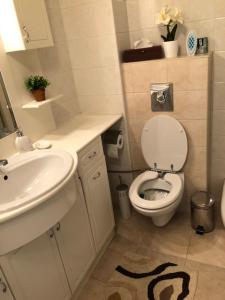 a bathroom with a white toilet and a sink at Mommy's House in Varna City +20 photos