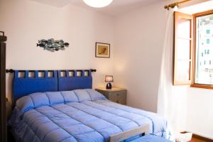 een blauw bed in een slaapkamer met een raam bij Live in The Heart of 5 Terre in Riomaggiore