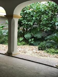 een veranda met een zuil en een tuin met planten bij Apartamento de las doblas in Córdoba