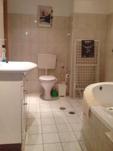 y baño con aseo y lavamanos. en Nice apartment with a pool, en Rechovot