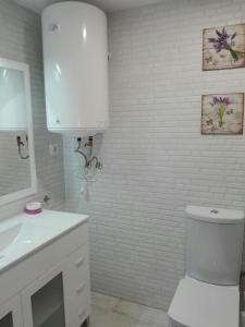 a white bathroom with a toilet and a sink at Apartamento Altomira in Buendía +4 photos