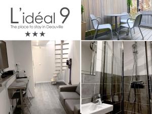 a collage of photos of a living room and a bathroom at L'IDEAL 9 (hypercentre avec terrasse) in Deauville +12 photos