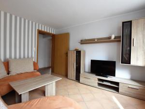 ein Wohnzimmer mit einem Sofa und einem TV in der Unterkunft Spacious Holiday Home in Russow with Private Terrace in Rerik