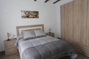 1 dormitorio con 1 cama grande y armarios de madera en Casa Sierra de Guara en Adahuesca