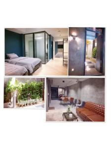 a collage of pictures of a bedroom and a living room at Alley living rama8 in Bangkok