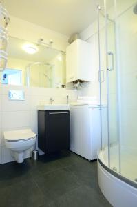 ソポトにあるVictus Apartamenty, Apartament Tangoのバスルーム(トイレ、洗面台、シャワー付)
