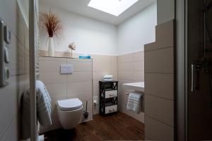 a bathroom with a toilet and a sink at Ferienwohnung am Meer in Markgrafenheide