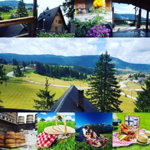 een collage van foto's met een picknick in een veld bij Apartments A Vlasic in Vlasic