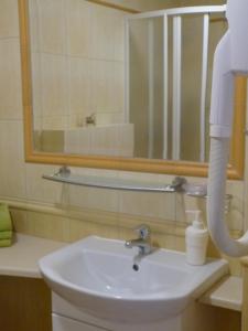 a bathroom with a white sink and a mirror at Apartament Grażyna in Krynica Zdrój