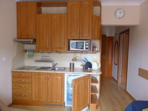 a kitchen with wooden cabinets and a sink at Apartament Grażyna in Krynica Zdrój