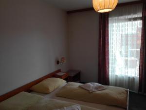 a bedroom with two beds and a window at Hotel Haselried in Tirolo