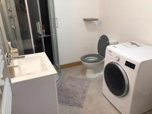 uma casa de banho com um WC e uma máquina de lavar roupa em Le petit Bailleux em Braine