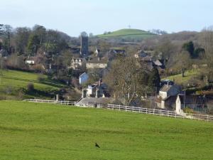 a village with a white fence in a field at Whidlecombe Farm in Priston