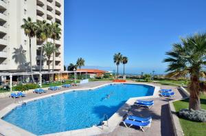 basen z krzesłami i palmami oraz hotel w obiekcie Sol Puerto Marina w mieście Torremolinos