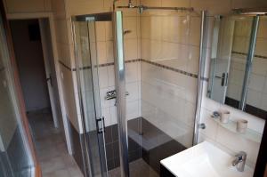 a shower with a glass door next to a sink at Gite Le Mandlé in Riquewihr