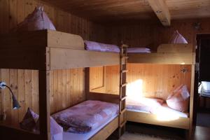 two bunk beds in a wooden room with a lamp at Hochalmblick in Mallnitz