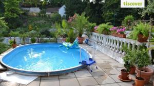 a swimming pool in a yard with potted plants at Ferienhaus Fabio in Thürnthal