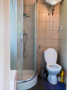 łazienka z toaletą i prysznicem w obiekcie Domki letniskowe "Pod lipą" w mieście Zełwągi