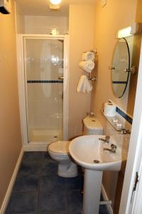 y baño con aseo, lavabo y ducha. en Wild Atlantic Accommodation 18 Glenveagh Court, en Letterkenny
