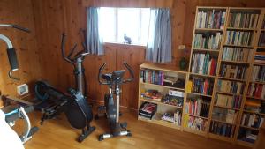 a gym with two exercise bikes and books at Det Gule Huset Hurdal in Hurdal +24 photos