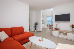 a living room with a red couch and a tv at Apartments Alba in Slatine