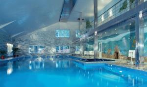 a large swimming pool with blue water in a building at Ulitkino Park Hotel in Rayki