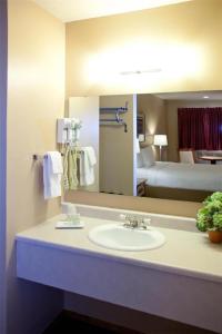 a bathroom with a sink and a large mirror at Oregon Trail Inn in Buhl