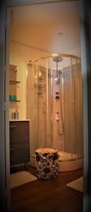 a bathroom with a shower and a stool at Angoville44 in Angoville-au-Plain