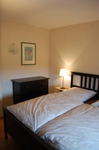 a bedroom with a bed and a dresser and a lamp at Auf dem Berg in Malchow