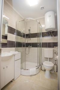 a bathroom with a shower and a toilet and a sink at Apartment Bilo in Omiš