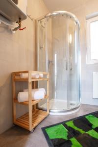 a bathroom with a shower and a shelf with towels at Apartmány Kopacka in Svitavy