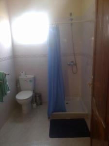 a bathroom with a toilet and a shower with a blue shower curtain at Hotel Canarias Sahara in Tan-Tan Plage