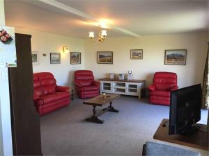 Il comprend un salon doté de fauteuils rouges et d'une télévision. dans l'établissement Terrace Apartment, à Timaru