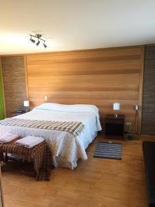 1 dormitorio con 1 cama grande y paredes de madera en Avatar Puerto Varas en Puerto Varas