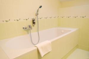 a bathroom with a bath tub with a shower at Hotel Trzy Podkowy*** in Biskupiec