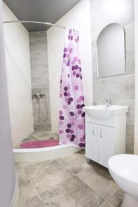 a bathroom with a shower with a toilet and a sink at Sumskaya ApartHotel in Kharkiv