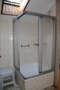 a shower with a glass door in a bathroom at Ferienwohnung Achatz Josef sen in Arnbruck