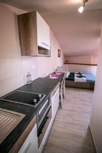 a kitchen with a sink and a stove in a room at Apartment Jug in Piran