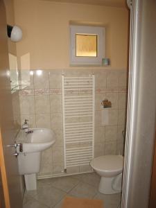 y baño con aseo y lavamanos. en Penzion Lázeňský dům, en Buchlovice