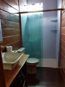 a bathroom with a toilet and a sink and a shower at Amazon Arowana Lodge in Careiro