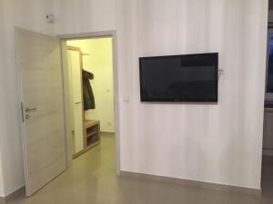 a flat screen tv on a wall in a room at Ferienhaus Bäk-Ratzeburg in Bäk +12 photos
