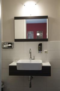 a bathroom with a white sink and a mirror at Landhaus Elbeflair bei Dömitz in Lenzerwische