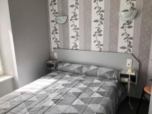 a bedroom with a bed with a gray and white comforter at Hôtel des Voyageurs in Saint-Chély-dʼAubrac