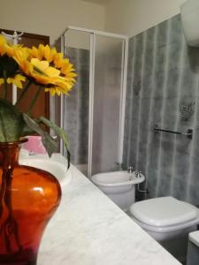 a bathroom with a toilet and a vase with flowers on a counter at Casa Alessandro in Città di Castello