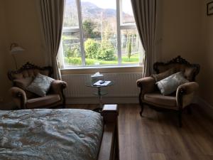um quarto com 2 cadeiras, uma cama e uma janela em Grove House Bed & Breakfast em Carlingford