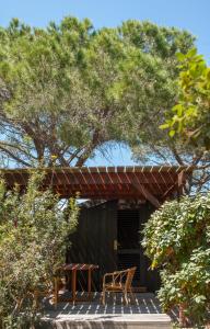 a patio with a table and chairs under a tree at Résidence Mobydick in Porto-Vecchio
