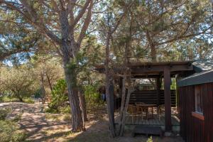 a cabin with a table and chairs under a tree at Résidence Mobydick in Porto-Vecchio