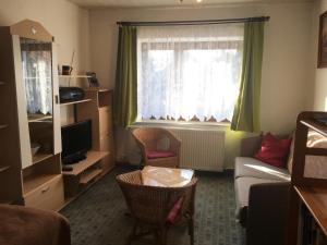 a living room with a couch and a window at Ferienwohnung Fam.Stecher in Malschwitz